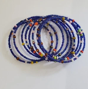 Handmade Kenyan Beaded Coiled Bracelet Womens Afro Boho Jewelry Blue Light Gift  - Picture 1 of 3