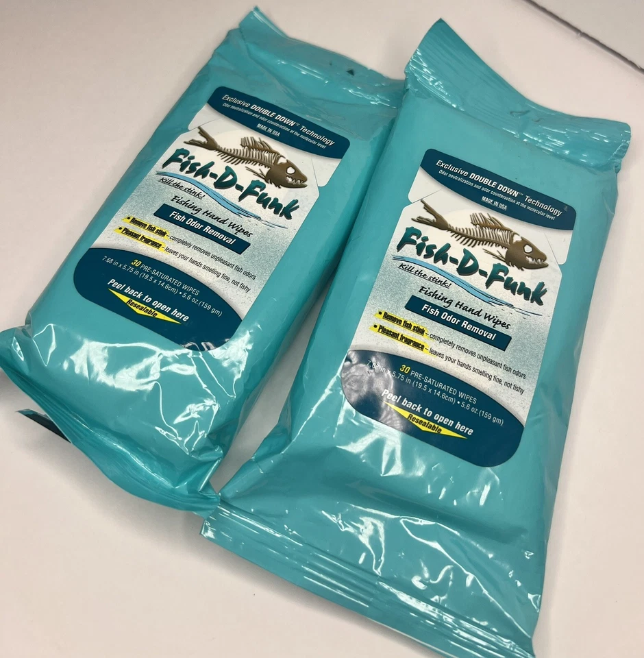 Lot 2 FISH-DFUNK Pack 30 PreSaturated Hand Wipes Fish Stink Removal 60 Total NIp - Image 1 of 4