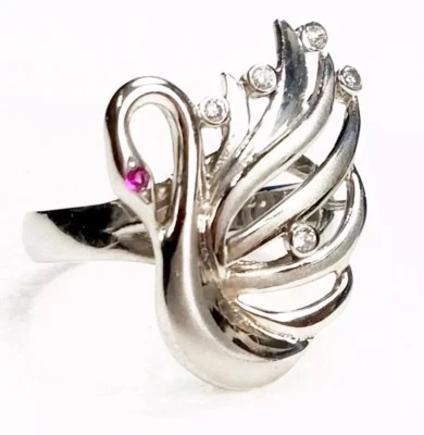 Sale GOLd 14k SOLID white SWAN ring love gift her size 8 ask 6 7 9 10 - Image 1 of 2