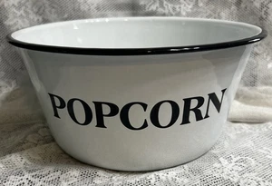 White with Black Popcorn Bowl Enamelware 9 3/4” Diameter Farmhouse Retro - Picture 1 of 6