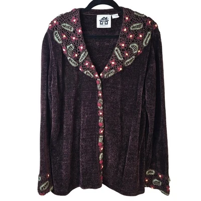 Storybook Knits Sweater Women's 1X Brown Chenille Green Red Floral Crochet - Image 1 of 4