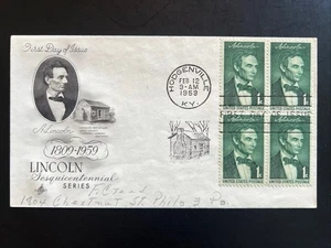 1113 Lincoln Birthplace (Blk of 4) FDC Art Craft Feb 12, 1959 Hodgenville KY - Picture 1 of 2