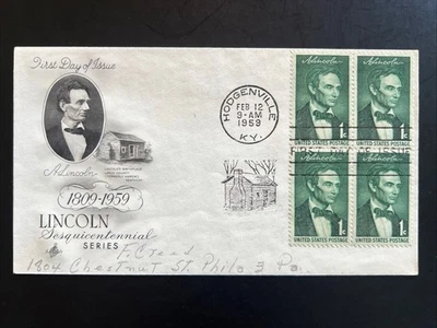 1113 Lincoln Birthplace (Blk of 4) FDC Art Craft Feb 12, 1959 Hodgenville KY - Image 1 of 2