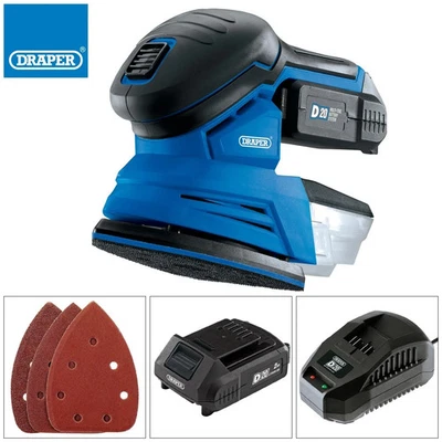 Draper 00608 Cordless Detail Sander Charger D20 20V Battery & 3 Sanding Sheets - Image 1 of 2
