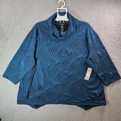 $74 NUEVO Top Ali Miles Mujer 2X Cuello Tortuga Elastizado Lunares Azul Teal Oscuro Foto 1 de 4