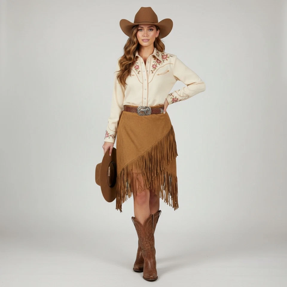 Falda asimétrica vintage Wrangler vaquera imitación gamuza flecos marrón XL occidental Foto 1 de 4