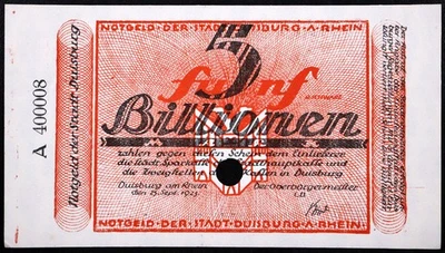 DUISBURG 1923 5 TRILLION MARK XX-RARE Inflation Notgeld Banknote Germany - Image 1 of 2