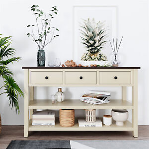 Retro Console Table Entryway Table with Two Open Storage Shelves and 3 Drawers