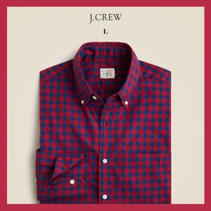 Neu mit Etikett - J. Crew Secret Wash Baumwoll Popeline Langarm Shirt, Gingham Navy Rot Gr. L - Bild 1 von 7