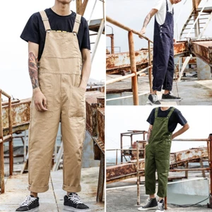 Men's Sleeveless Dungarees Rompers Suspender Bib Brace Cargo Trousers Overalls - Picture 1 of 15
