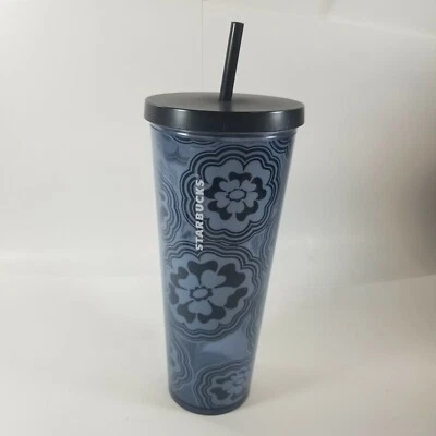 VASO ACRÍLICO STARBUCKS Blue Wave Abstract Flower Venti negro taza fría 24 OZ Foto 1 de 4
