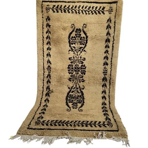 Vibrant Handmade Moroccan Beige Rug Black Motif Tribal Fringe Berber Wool Carpet - Picture 1 of 24