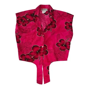 VTG Hilo Hattie USA Tie Front Sleeveless Cotton Hawaiian Red Floral Blouse Sz M - Picture 1 of 5