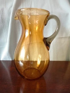 Blenko Amber Hand Blown Glass Pitcher with smokey Topaz Applied Handle 7-3/4" T  - Picture 1 of 8