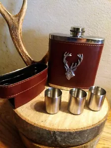 Stainless Steel/Leatherette Hip Flask feat Stags Head - Shooting - Picture 1 of 2