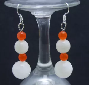 10-14mm White Round Natural Moonstone Earring for Women & Red Jade Silver S925 - Picture 1 of 12