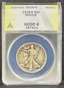 Medio dólar Walking Liberty 1918-D ANACS G6 detalles mejor fecha bonito relleno de agujeros - Imagen 1 de 4