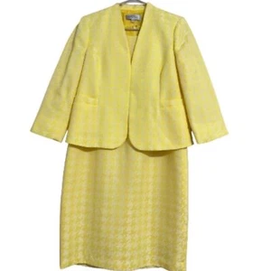 Kasper Women’s Pale Yellow Houndstooth Print Dress & Blazer 2-Pc Set Sz-10P - Picture 1 of 11
