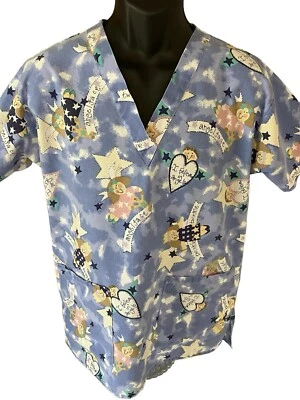 Medline Scrub Top Women's Medium Angels Kids Clouds Sky V-Neck Short Sleeve - Image 1 of 4
