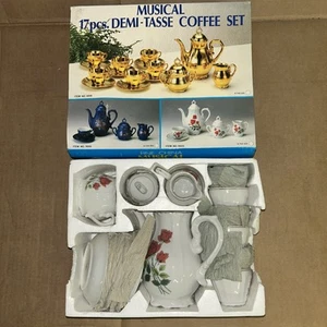 NOS Vintage Musical Demi-Tasse 17pc Fine China White W/ Red Rose Coffee Set 9920 - Picture 1 of 8