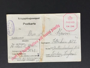 T  GB/GERMANY 1943 PoW "SHORT & LEGIBLE LETTERS......PRIORITY" MARK ON PC TO GB - Picture 1 of 2