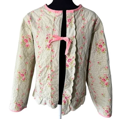 Handmade Quilted Jacket Upcycled Size M/L Repurposed Green Pink Floral Coquette - Image 1 of 4