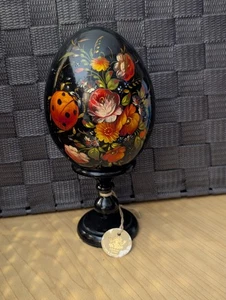 G. DeBrekht Russian Wood Egg with Ladybug and Flowers on Pedestal - Picture 1 of 19