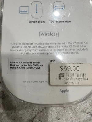 Apple A1296 Ratón Inalámbrico Táctil/Multitáctil - MB829LL/A Nuevo con caja y libro Foto 1 de 4