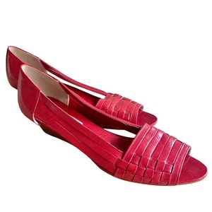 VTG 80's Liz Claiborne Red Leather Woven Peep Toe Wedge Heel Made in Italy 8.5S - Picture 1 of 10