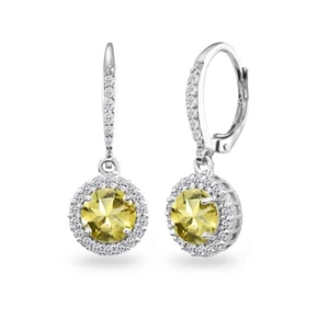 925 Silver Citrine Round Dangle Halo Leverback Earrings with White Topaz - Picture 1 of 3