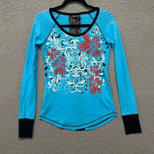 Cruel Girl Y2K Shirt Womens S Blue Paisley Floral Sheer Lace Tattoo Skater - Picture 1 of 11