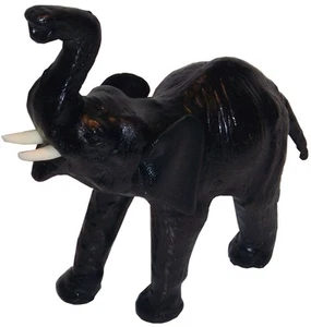 Elephant Leather Black 19cm Tall Trunk Up Genuine Leather Decoration - Picture 1 of 2