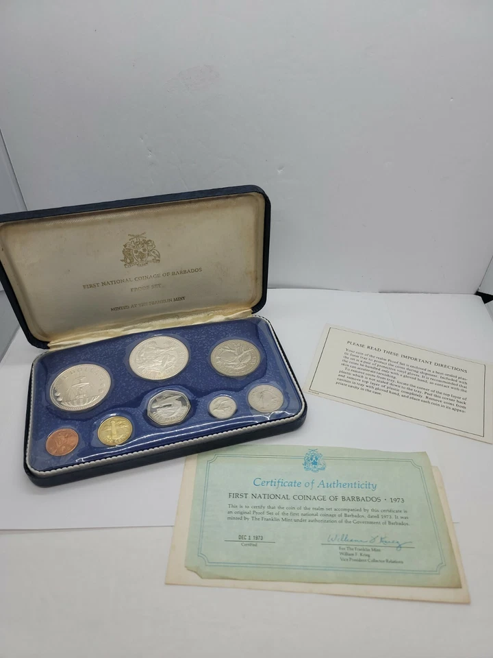 Vintage 1973 Barbados Silver Proof Set 8 Coin Set  / Box & COA 925 and 800 silve - Image 1 of 4