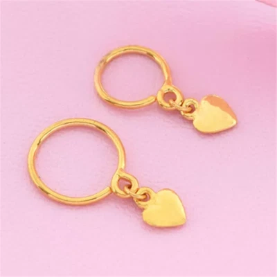Pure 999 24K Yellow Gold Women Lucky Heart Circle Hoop Dangle Earrings 1.1-1.3g - Image 1 of 4