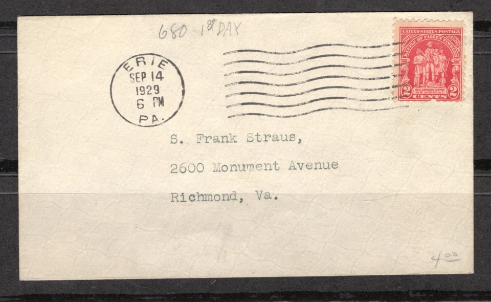 Scott 680 first day cover - Erie PA Sep 14, 1929  - Image 1 of 2