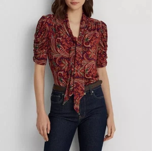 Lauren Ralph Lauren Women's Paisley Jersey Puff-Sleeve Tie-Neck Top SZ.M NWT$99 - Picture 1 of 9