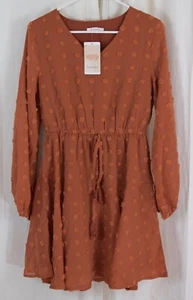 KIRUNDO Women's Long Sleeves V-Neck Short Mini Dress Orange Size Small - Picture 1 of 3