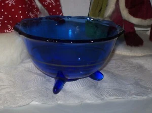 COBALT BLUE GLASS FOOTED BOWL WITH A HORIZONAL STRIPE - Picture 1 of 3