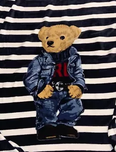 Polo Ralph Lauren DENIM BEAR Navy Striped Fleece Throw Blanket 50 X 70 - Picture 1 of 5