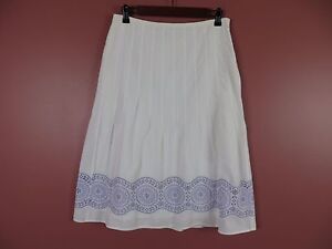 SK05603- ANN TAYLOR LOFT Woman Cotton Pleated Skirt White Purple Embroidered 2