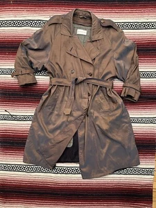 Vintage 80s Brown Iridescent Trench Coat Double Breasted Long Jacket Belted M L - Picture 1 of 21