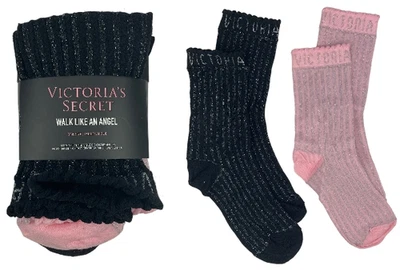 VICTORIA'S SECRET WALK LIKE AN ANGEL 2 PIECE SHEER SOCK SET LOGO BLACK PINK NEW - Image 1 of 3