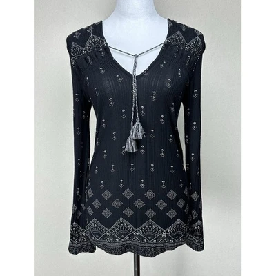 Lucky Brand Top Womens S Black Geometric Tie V-Neck Viscose Boho Peasant Blouse - Image 1 of 4