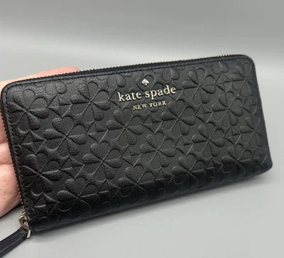 Kate Spade Hollie Clover Geo Embossed Continental Wallet Black Zip Around 8x4” - Image 1 of 4