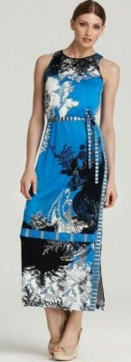 Elie Tahari Beatrice Delta Blue Print Jersey Self Tie Belt Long Maxi Dress $358  - Image 1 of 4