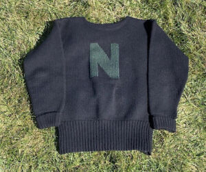 1940s New York Vintage N Letterman Varsity Letter Black Green Wool Knit Sweater