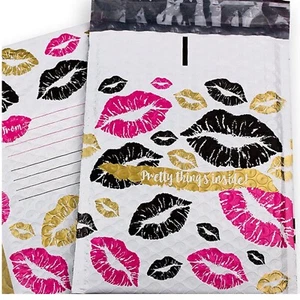 10 Stück 4x8 Poly Luftpolster Versandtaschen Lippenstift Kiss Pretty Things Inside Print - Bild 1 von 7