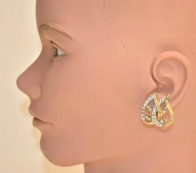 Orecchini Clip-On A Doppio Cuore In Metallo Con Strass JOMAZ Firmati Anni '50 - Immagine 1 di 4