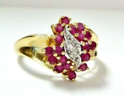 Gorgeous Solid 10K Yellow Gold Cluster Ring w/ Rubies & Diamonds size 7 women - Image 1 of 4