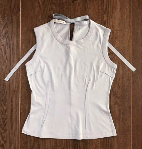Top Prada senza maniche taglio e cucito sul retro nastro blu chiaro taglia 40